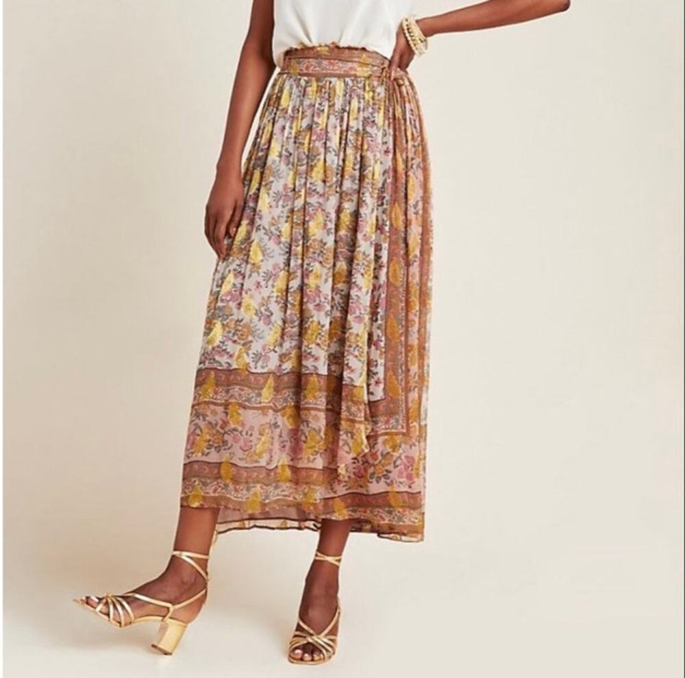 Love Sam Anthropologie Boho Harvest Tassel Tie Midi Skirt Size Large India Made